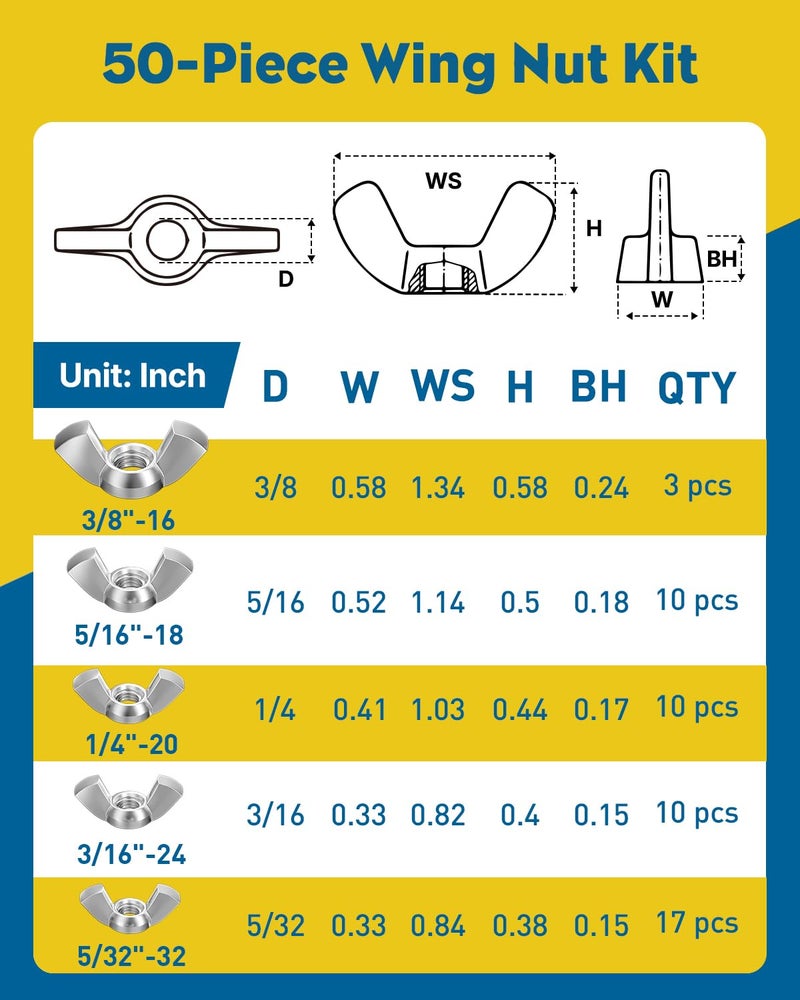 Vibit 50 Pcs Wing Nuts, 5 Sizes, 5/32"-32, 3/16"-24, 1/4"-20, 5/16"-18, 3/8"-16, Carbon Steel Zinc Plated Butterfly Nuts Assortment Kit, Hand Twist Tighten Hardware Nuts Wingnuts Fasteners Parts - Image 2